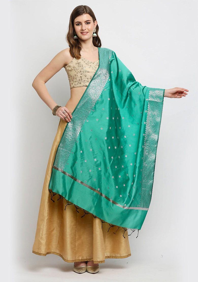 Sea Green Ethnic Motifs Woven Design Dupatta