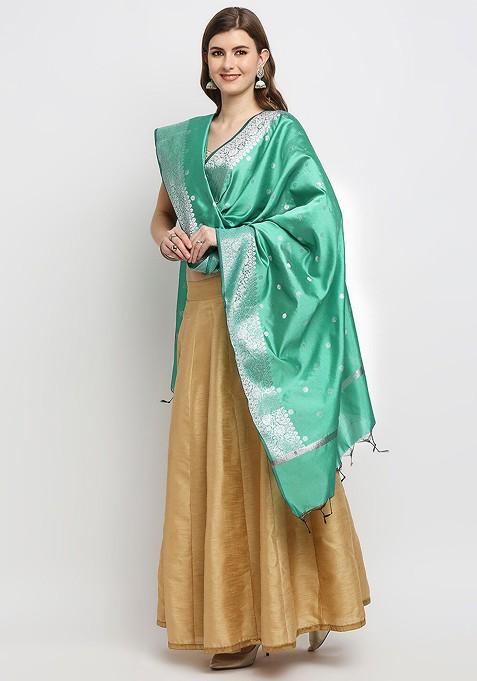 Sea Green Ethnic Motifs Woven Design Dupatta