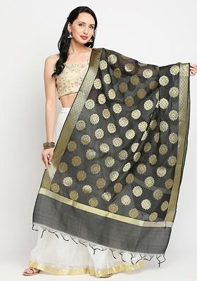 Black And Gold Toned Ethnic Motifs Woven Design Dupatta