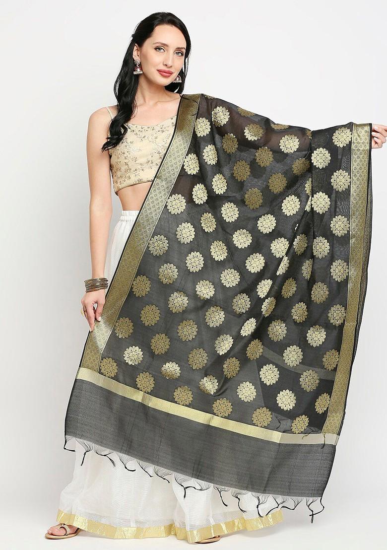 Black And Gold Toned Ethnic Motifs Woven Design Dupatta