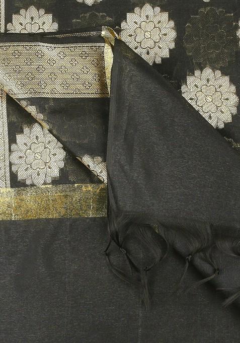 Black And Gold Toned Ethnic Motifs Woven Design Dupatta