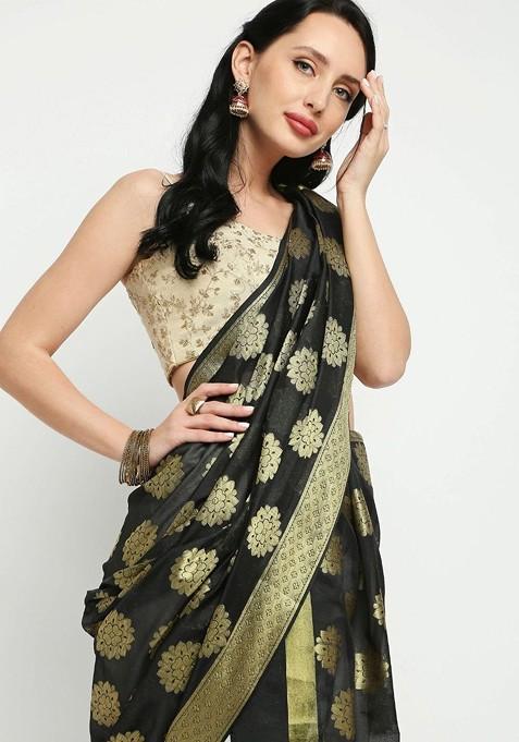 Black And Gold Toned Ethnic Motifs Woven Design Dupatta