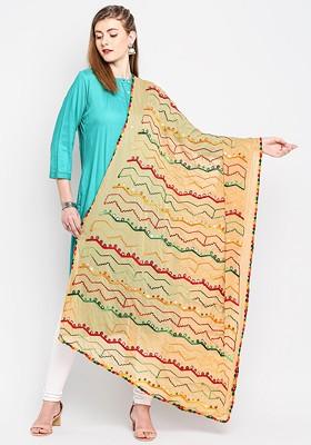 Beige And Green Ethnic Motifs Embroidered Dupatta With Mirror Work