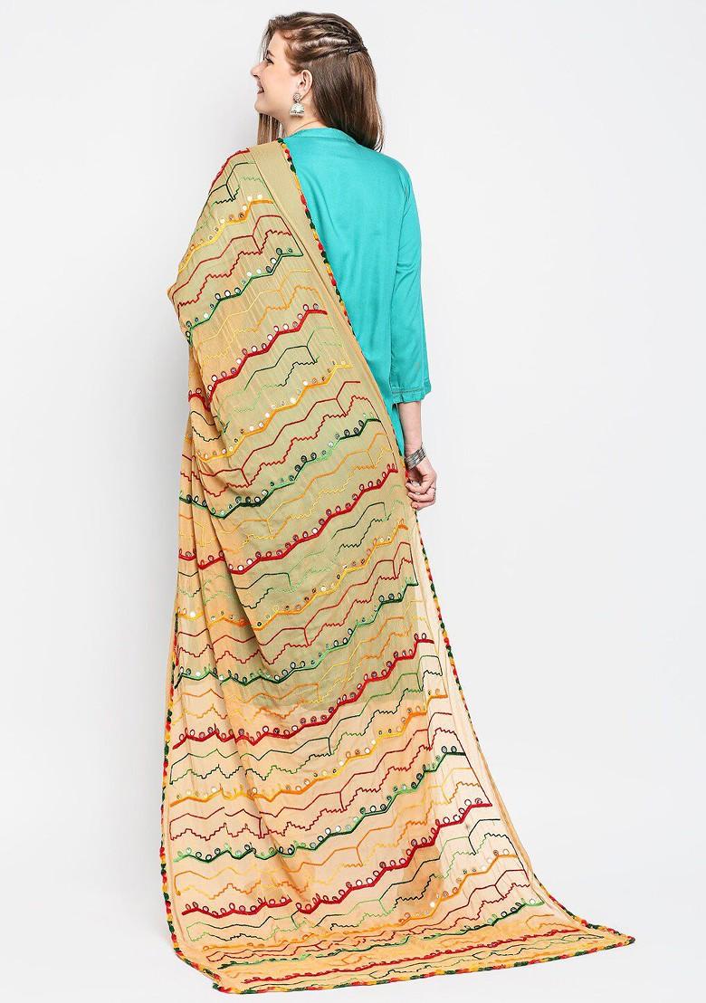 Beige And Green Ethnic Motifs Embroidered Dupatta With Mirror Work