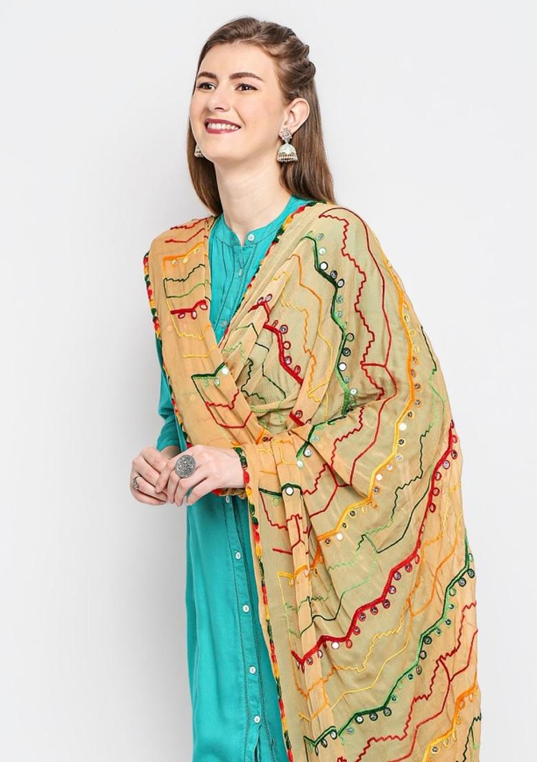 Beige And Green Ethnic Motifs Embroidered Dupatta With Mirror Work