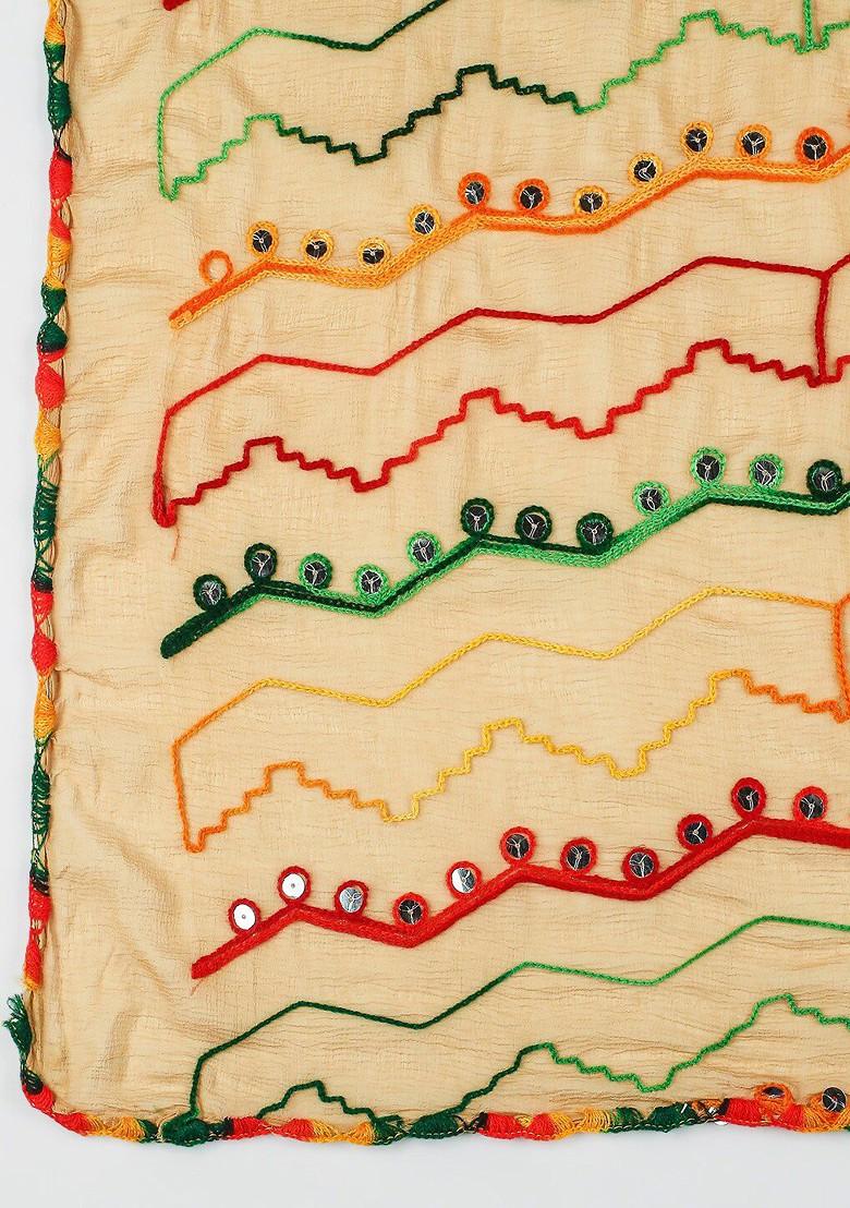 Beige And Green Ethnic Motifs Embroidered Dupatta With Mirror Work