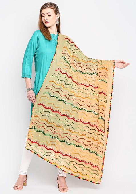 Beige And Green Ethnic Motifs Embroidered Dupatta With Mirror Work