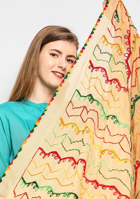 Beige And Green Ethnic Motifs Embroidered Dupatta With Mirror Work