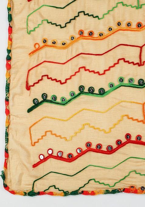 Beige And Green Ethnic Motifs Embroidered Dupatta With Mirror Work