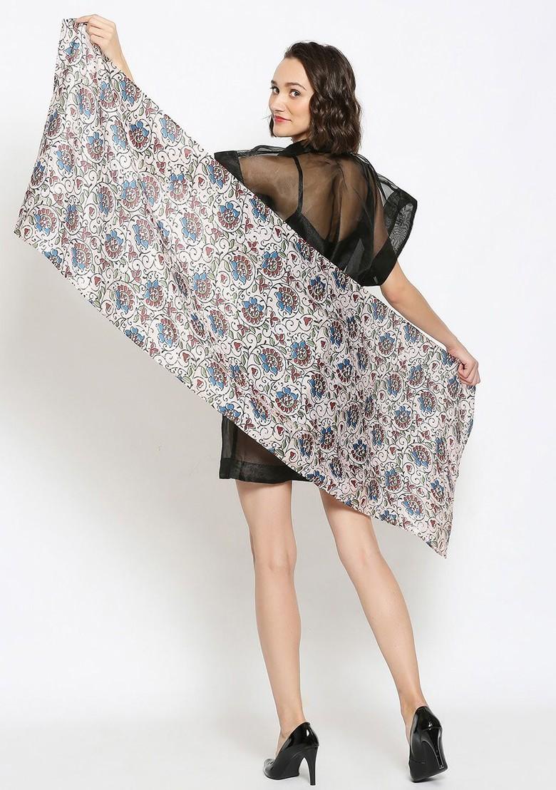 Women Beige Floral Printed Satin Scarves