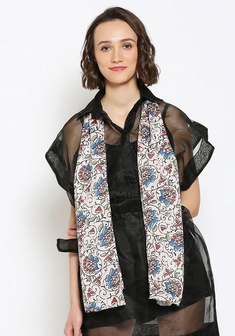 Women Beige Floral Printed Satin Scarves