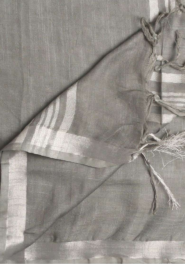 Men Grey And Silver Toned Linen Dupatta - Indya