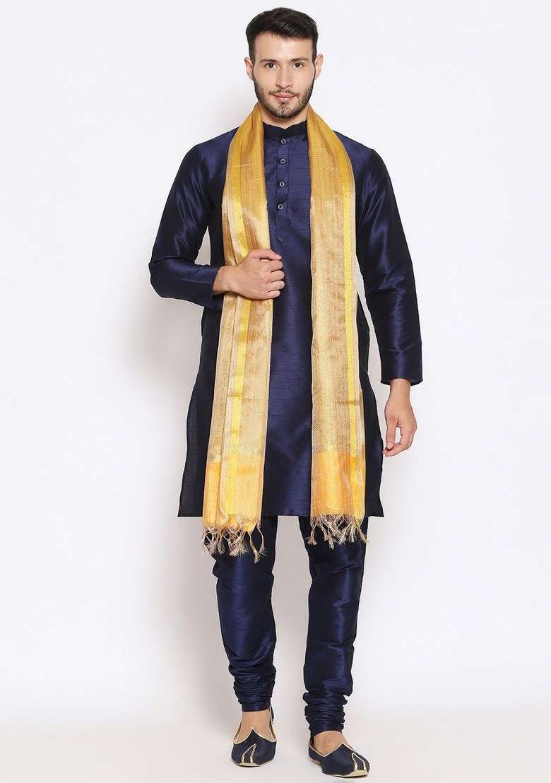 Men Gold Coloured And Yellow Striped Dupatta With Zari - Indya