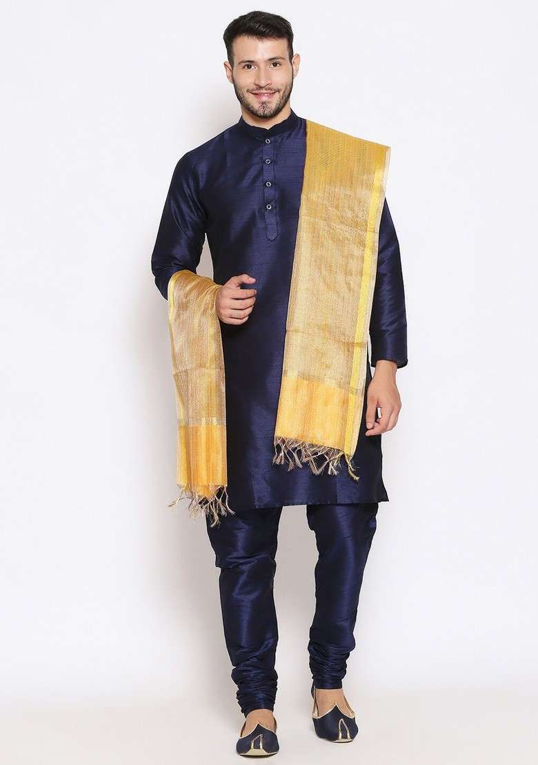 Men Gold Coloured And Yellow Striped Dupatta With Zari - Indya