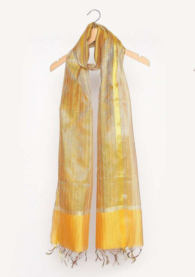 Men Gold Coloured And Yellow Striped Dupatta With Zari - Indya