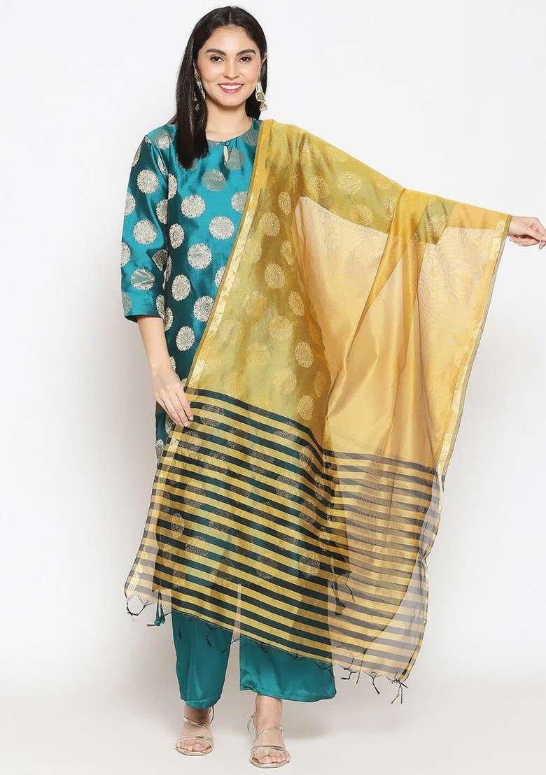 Mustard And Black Striped Dupatta - Indya