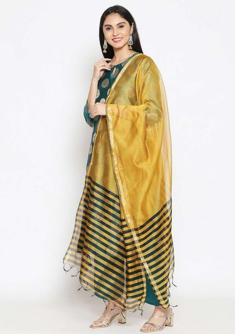 Mustard And Black Striped Dupatta - Indya