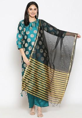 Black And Mustard Yellow Striped Dupatta With Zari