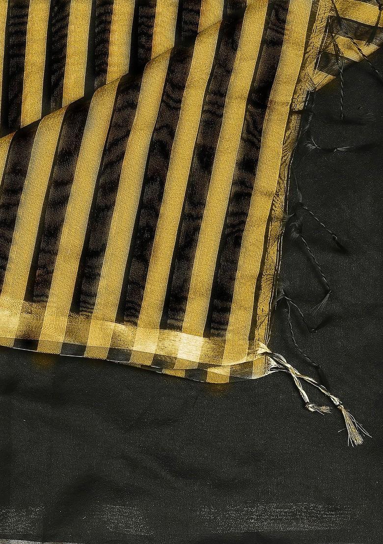 Black And Mustard Yellow Striped Dupatta With Zari