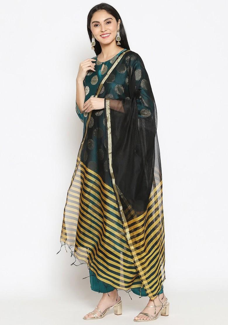 Black And Mustard Yellow Striped Dupatta With Zari