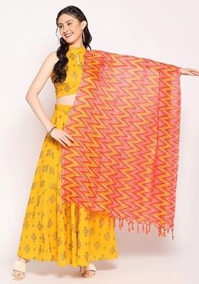 Peach Coloured And Yellow Digital Printed Dupatta