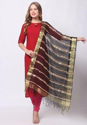 Black And Gold Toned Embroidered Organza Dupatta With Gotta Patti