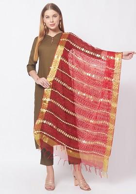 Red And Gold Toned Embroidered Organza Dupatta With Gotta Patti