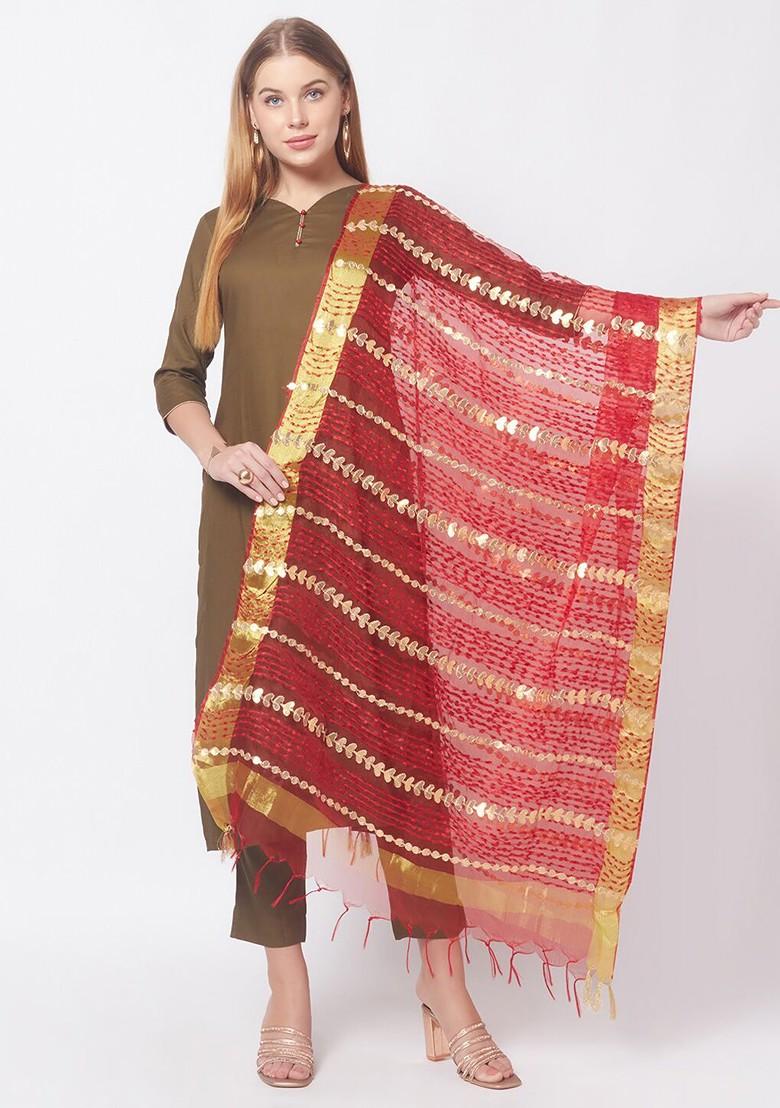 Red And Gold Toned Embroidered Organza Dupatta With Gotta Patti