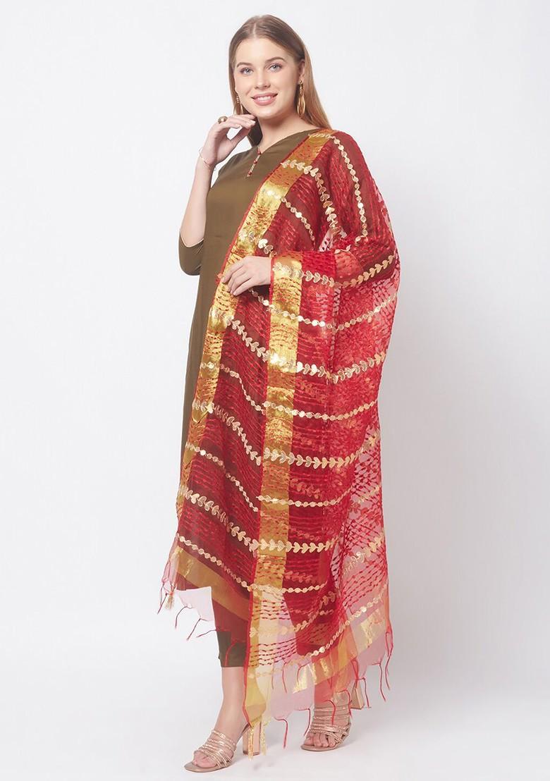 Red And Gold Toned Embroidered Organza Dupatta With Gotta Patti