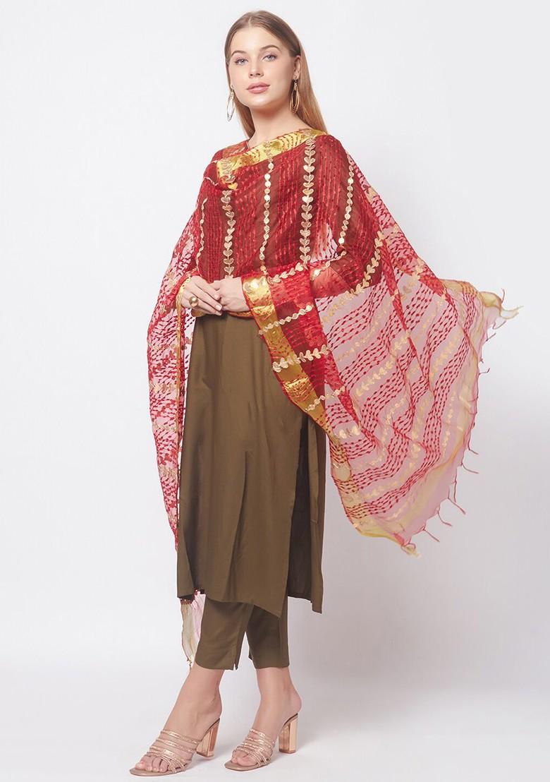 Red And Gold Toned Embroidered Organza Dupatta With Gotta Patti