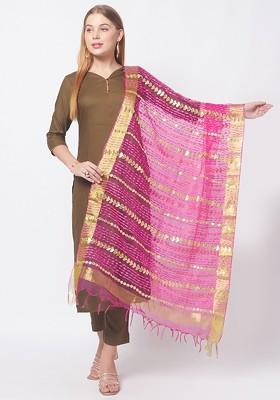 Fuchsia And Gold Toned Embroidered Organza Dupatta With Zardozi