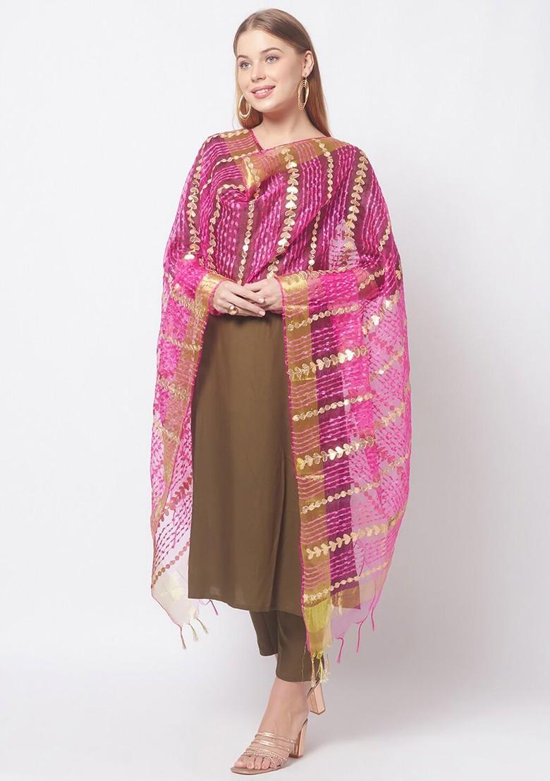 Fuchsia And Gold Toned Embroidered Organza Dupatta With Zardozi