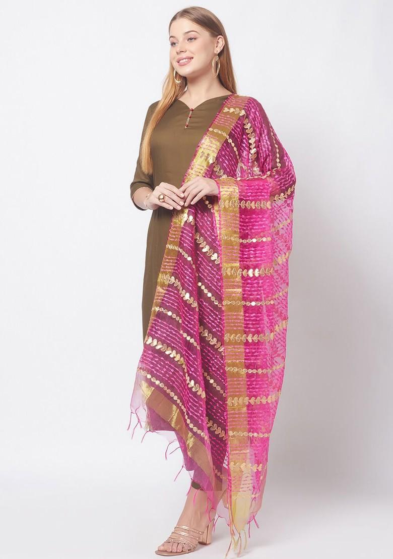Fuchsia And Gold Toned Embroidered Organza Dupatta With Zardozi