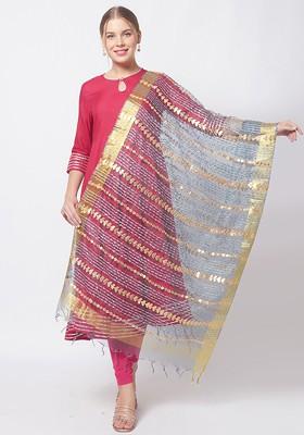 Grey And Peach Coloured Embroidered Organza Dupatta With Gotta Patti