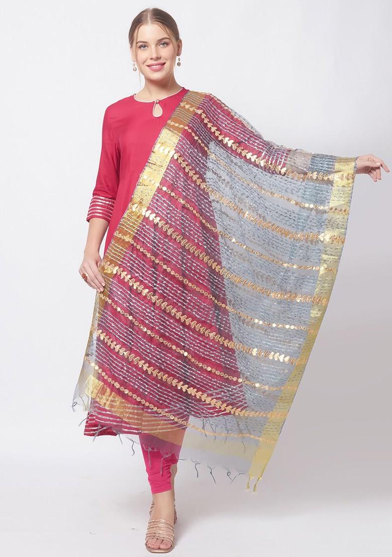 Grey And Peach Coloured Embroidered Organza Dupatta With Gotta Patti