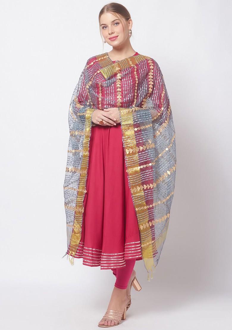 Grey And Peach Coloured Embroidered Organza Dupatta With Gotta Patti