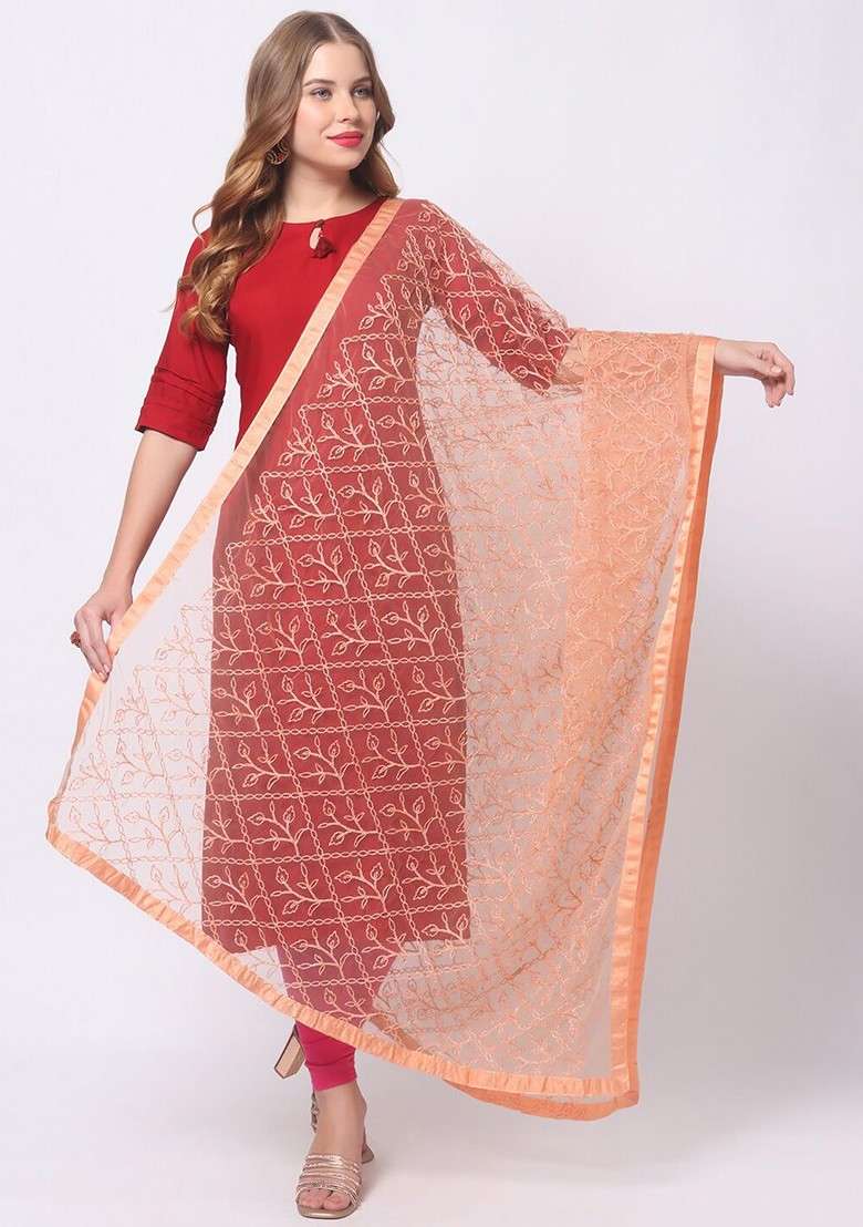 Peach Coloured Embroidered Dupatta - Indya