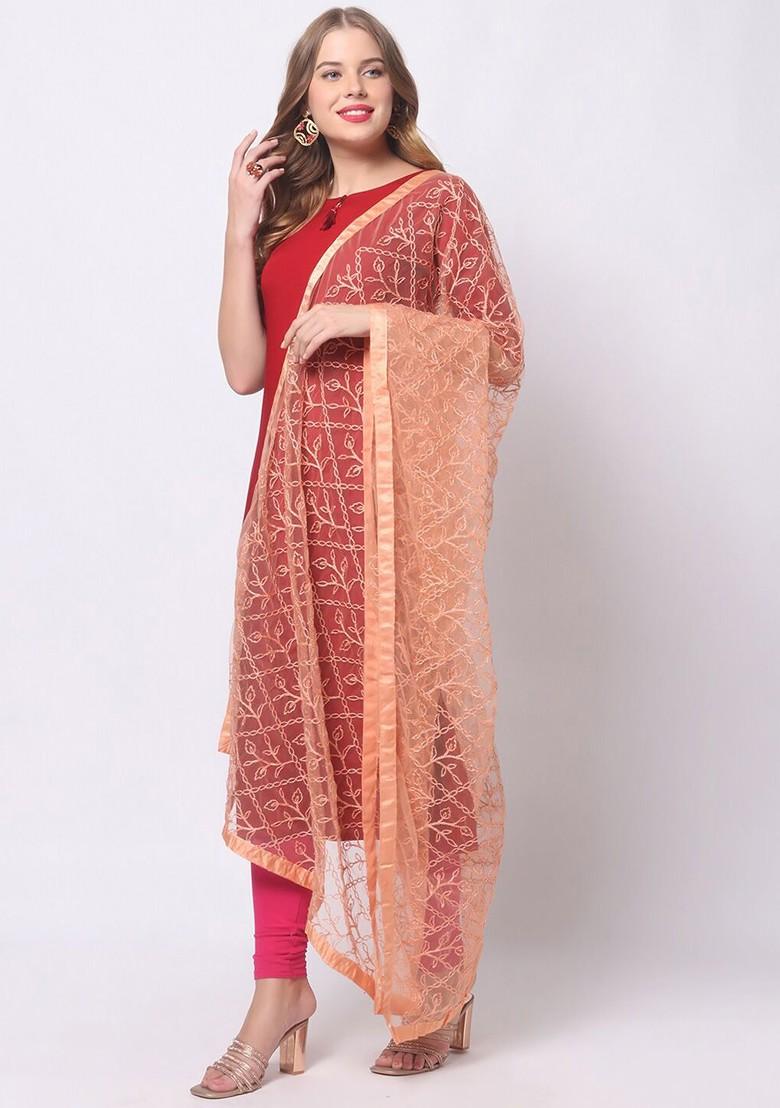Peach Coloured Embroidered Dupatta