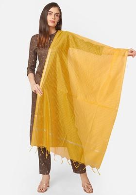 Yellow And Gold Toned Checked Dupatta