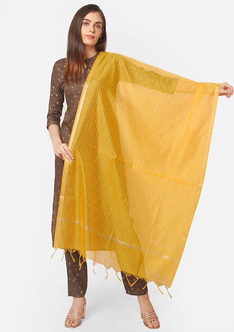 Yellow And Gold Toned Checked Dupatta