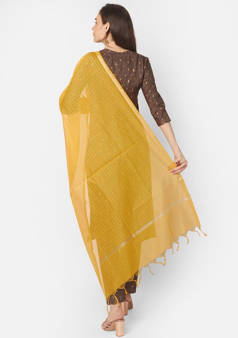 Yellow And Gold Toned Checked Dupatta