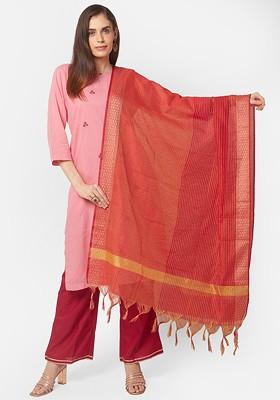 Red And Gold Toned Woven Design Chanderi Silk Dupatta