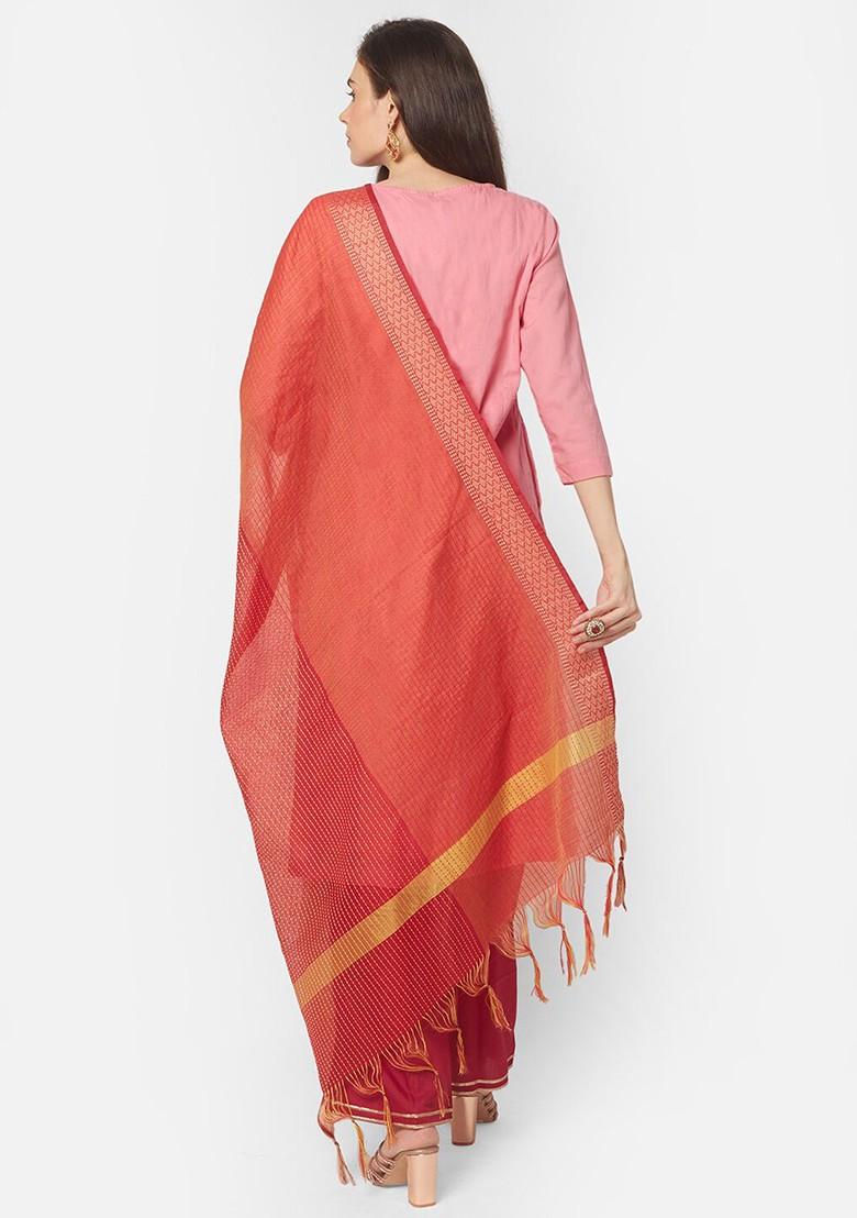 Red And Gold Toned Woven Design Chanderi Silk Dupatta