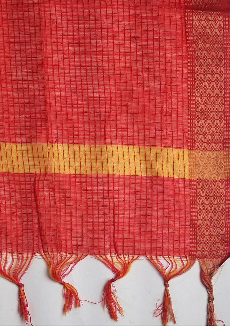 Red And Gold Toned Woven Design Chanderi Silk Dupatta