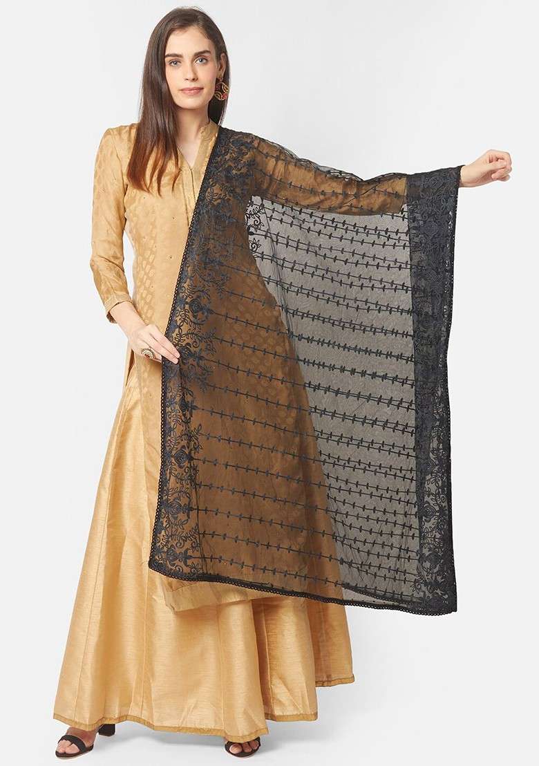 Black Embroidered Dupatta - Indya