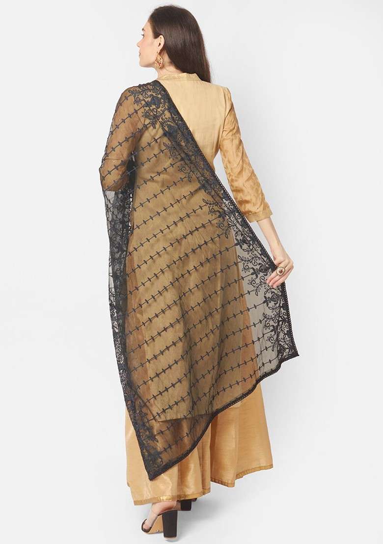 Black Embroidered Dupatta - Indya