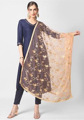 Peach Coloured Paisley Embroidered Dupatta