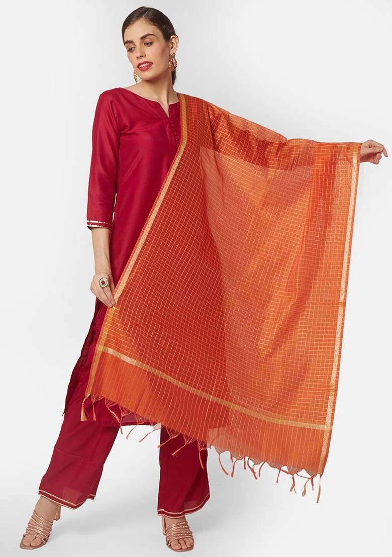 Orange And Gold Toned Checked Dupatta - Indya