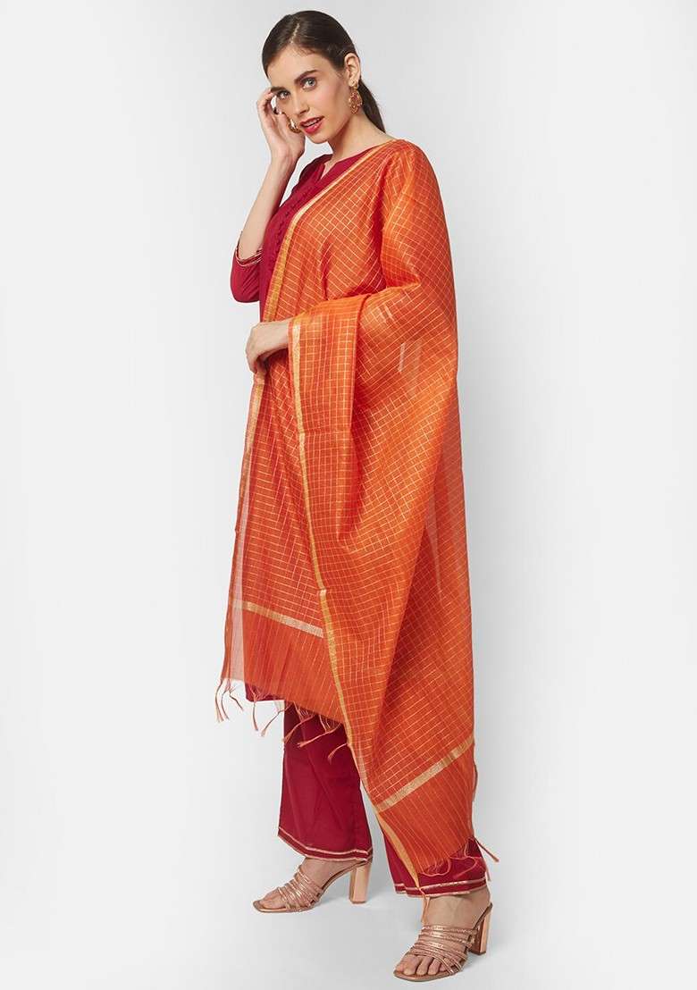 Orange And Gold Toned Checked Dupatta - Indya