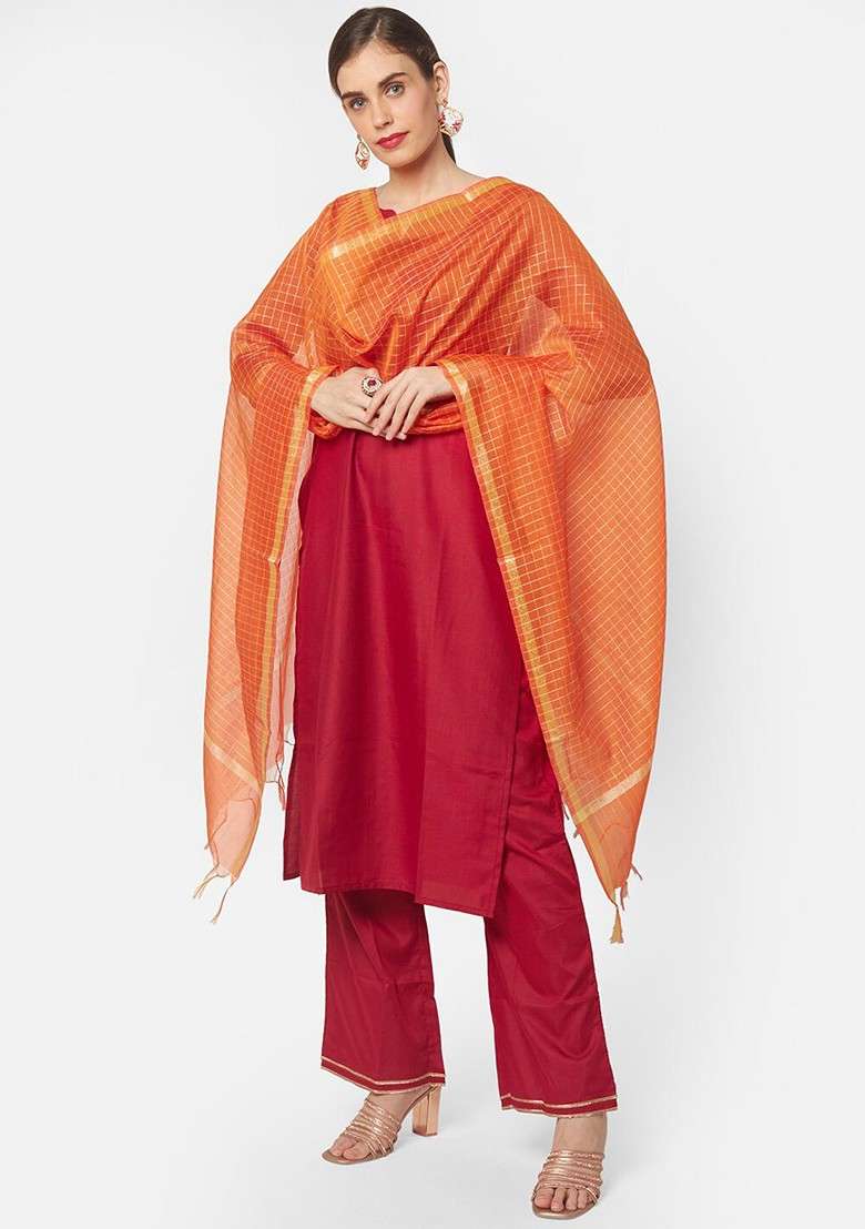 Orange And Gold Toned Checked Dupatta - Indya